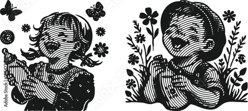  Monochrome lined effect engraving bundle featuring a child laughing with joy holding milk, vintage style illustration, detailed hand-drawn artwork perfect for family, happiness, and dairy themes.