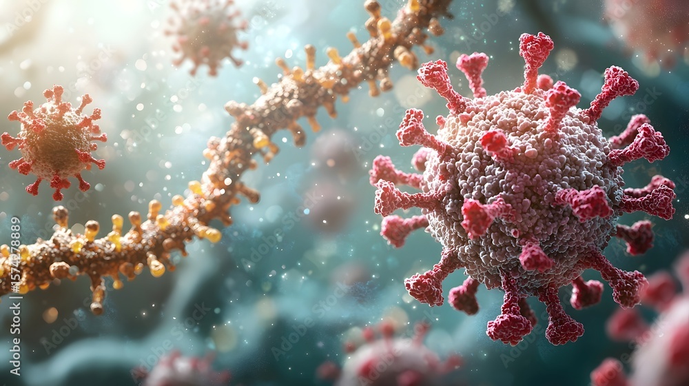 Fototapeta premium Close up view of a detailed microscopic image showcasing the molecular structure of a virus