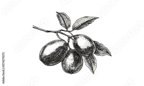 Vintage jujube fruit engraving, old style black sketch, traditional Asian fruit illustration, hand-drawn exotic food art, antique botanical print, retro ink drawing, nature decor,
