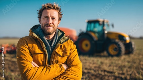 Farmer posing in bright sunny farmland with tractor behind, positive and professional portrait of a modern agricultural worker.