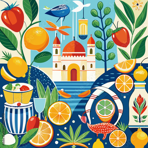 Italian Mediterranean Amalfi coast vector artwork – vibrant seaside village with lemons, pastel buildings, ocean views, and charming summer travel vibes
