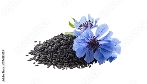 A wooden bowl overflowing with black cumin seeds, accompanied by delicate blue Nigella Sativa flowers png