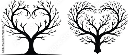 Heart-Shaped Tree Silhouettes, Love Nature Branch Art Design.

