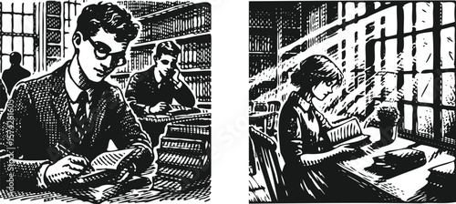  Monochrome engraving vector bundle of a student reading in a quiet library, detailed hand drawn lined style illustration, vintage academic scene, black and white study concept artwork