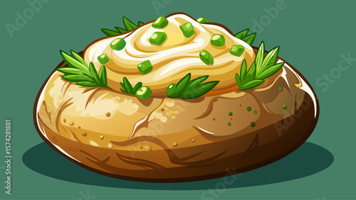 The fluffy interior of a golden baked potato peeks through its crisp skin, layered with creamy sour cream and bright green onions, styled for a soft natural light render.