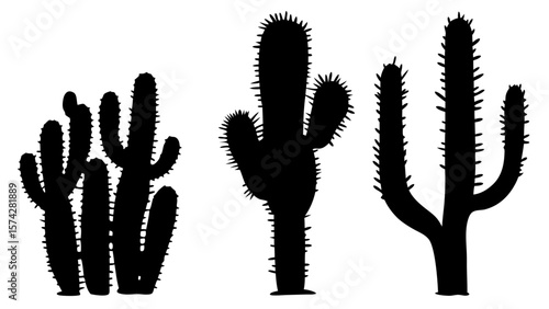 Set of cactus silhouette vector illustrations. Includes various cactus shapes in black on a white background. Ideal for desert, botanical, or nature-themed design projects.