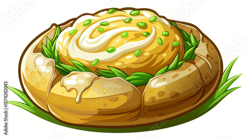 The fluffy interior of a golden baked potato peeks through its crisp skin, layered with creamy sour cream and bright green onions, styled for a soft natural light render.