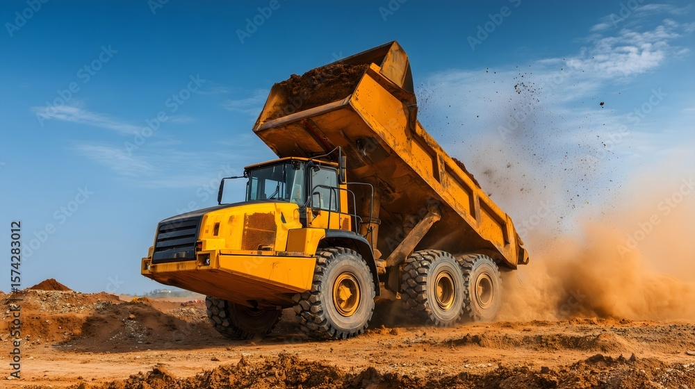 Obraz premium Articulated dump truck unloading soil at construction site side view daylight 