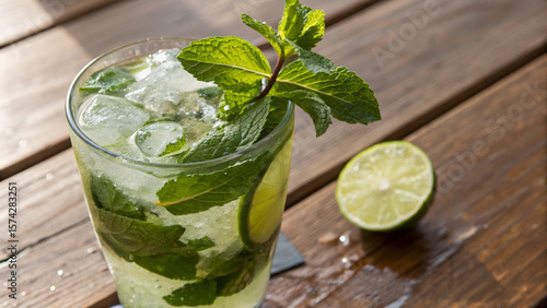 Wallpaper Mural Mojito Cocktail with Mint and Lime Served on Wooden Surface by the Beach, Summer Refreshment Scene Torontodigital.ca