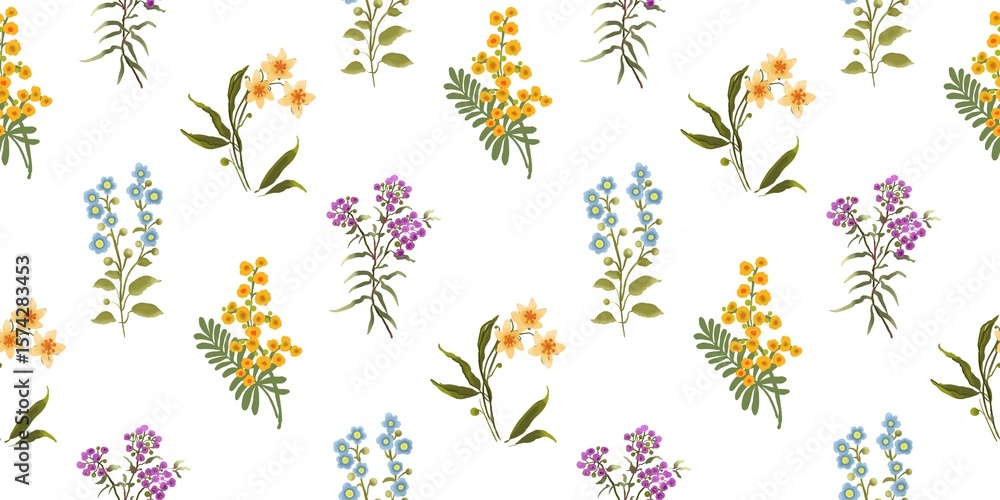 Obraz premium A cheerful pattern featuring scattered bouquets of various small, colourful flowers in yellow, orange, blue, and purple, with green leaves on a clean white background. This fresh design offers 