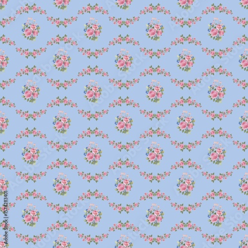 Wallpaper Mural Seamless floral pattern with watercolour pink roses, blue wildflowers, and green leaves arranged in romantic bouquets and garlands on a blue background. Perfect for fabric, stationery, wedding   Torontodigital.ca