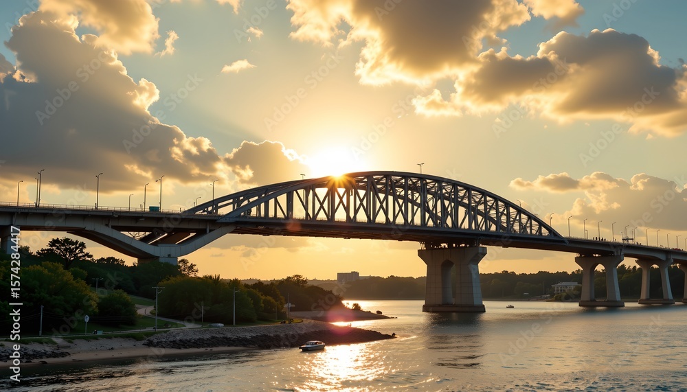 Naklejka premium a scenic view of a bridge crossing over a river during sunset or sunrise. the sky is adorned with warm hues, creating a picturesque backdrop for the silhouetted structure