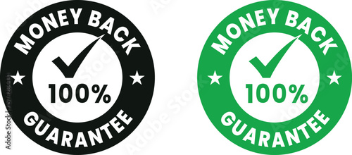 Green 100% money back guarantee badge vector set – certified refund approval icons for eco-friendly product packaging, marketing, and business branding use.
