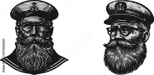  Monochrome lined engraving bundle vector of a bearded old sailor with glasses, vintage maritime illustration, hand drawn nautical character, black and white etching art
