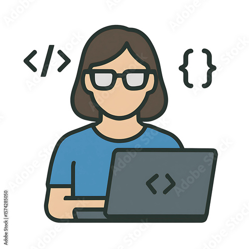 A flat icon of a female software developer working on a laptop with coding symbols - AI Generated