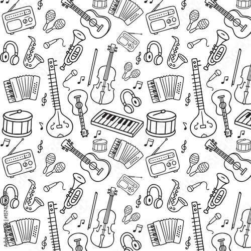 Seamless Music Instrument Doodle Pattern – Hand Drawn Musical Icons in Black and White