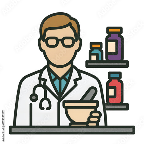 A flat icon of a male pharmacist compounding medicine with a mortar and pestle - AI Generated