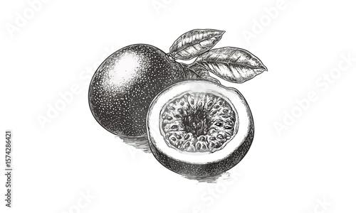 Passion fruit variant, maracuja engraving, vintage exotic decor, hand-drawn tropical print, black sketch, trendy sketch style, old engraving style, tropical foliage art, botanical line art