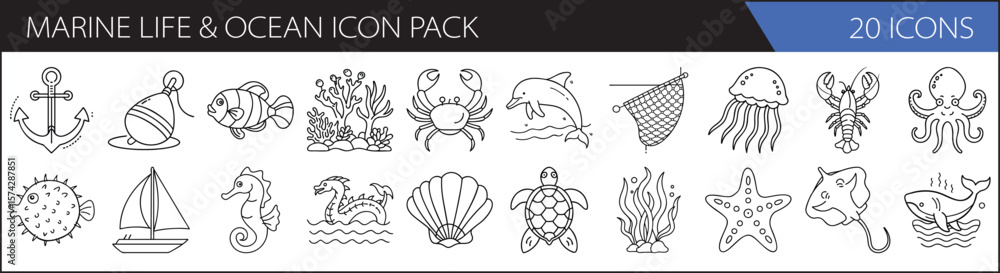 Marine Life & Ocean Creatures Icon Set – 20 Detailed Sea & Underwater Outline Icons