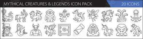 Mythical Creatures & Legends Icon Set – 20 Fantasy Line Icons of Magic & Folklore Beasts