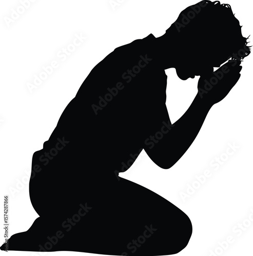 Person kneeling with hands clasped silhouette praying