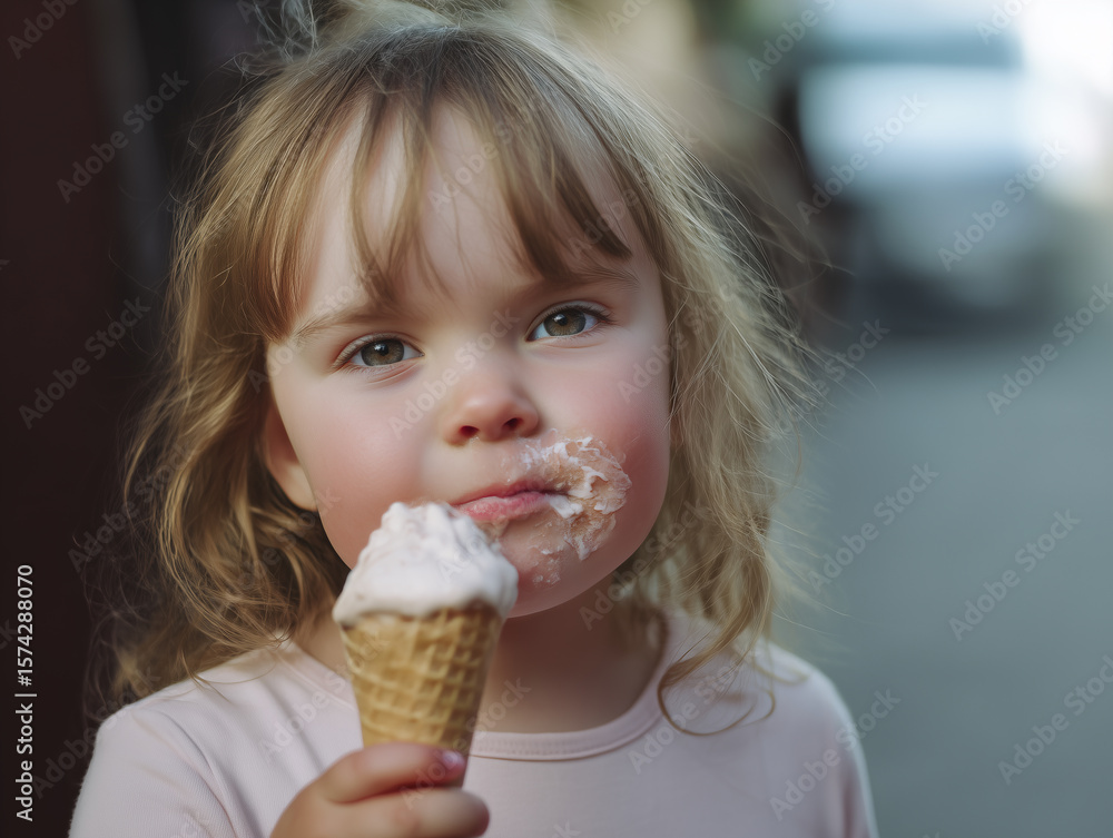 Little Girl Eating Ice Cream Messily – Summer Holiday Childhood Moment Little Girl Eating Ice Cream Messily – Summer Holiday Childhood Moment
