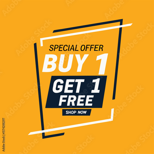 Buy one, get one free special offer label. Sale retail business promotion sticker. Marketing advertising label template vector illustration