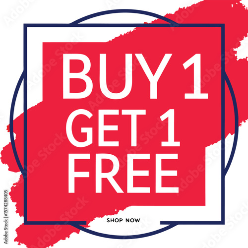 Buy one, get one free special offer label. Sale retail business promotion sticker. Marketing advertising label template vector illustration