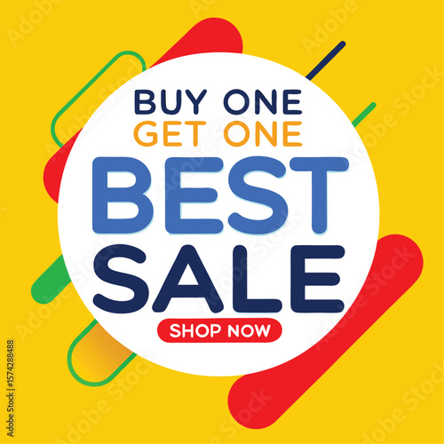 Buy one, get one free special offer label. Sale retail business promotion sticker. Marketing advertising label template vector illustration