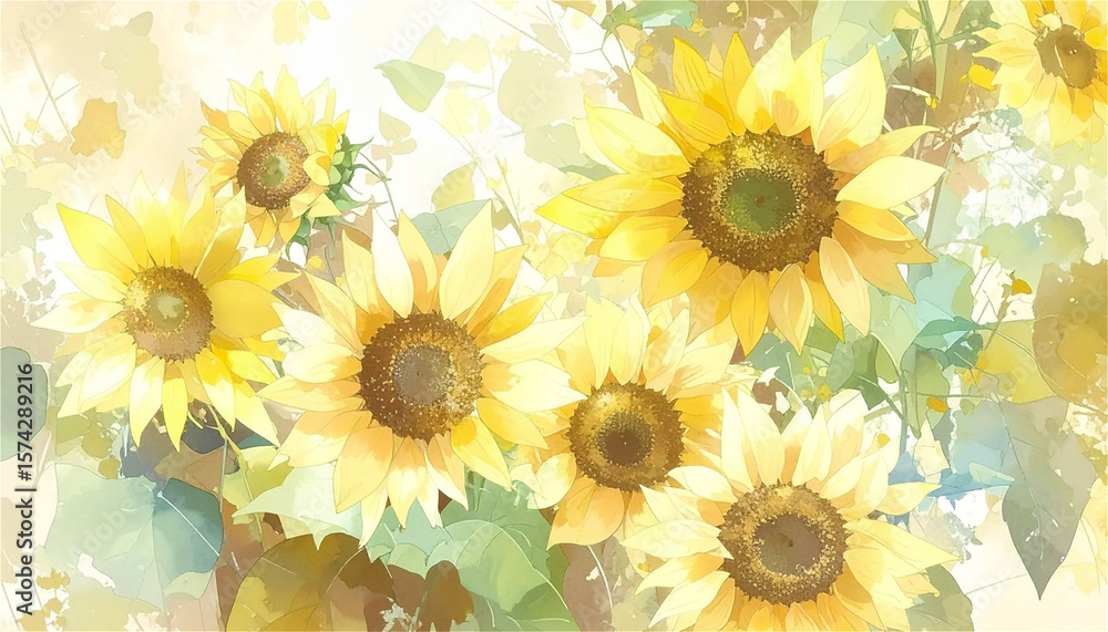 Obraz premium Watercolor illustration of many sunflowers - a bright background that feels the summer sun -