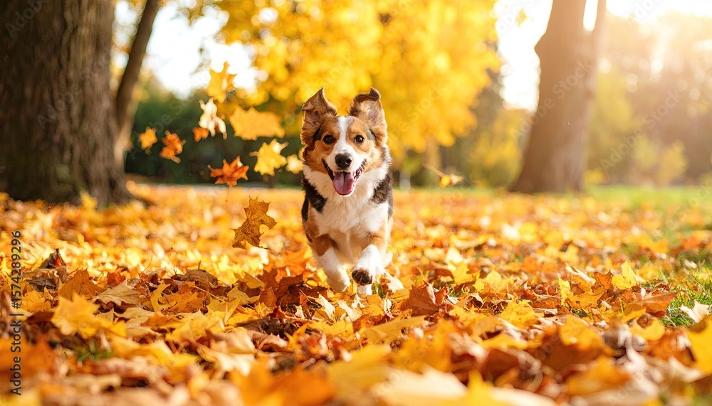 Fototapeta premium Dog running in autumn leaves