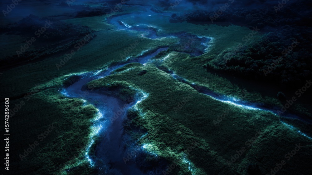 Fototapeta premium Aerial View of Bioluminescent River Winding Through Dark Forest at Night