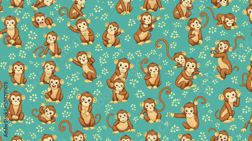 Cute monkeys in various poses on a teal background.