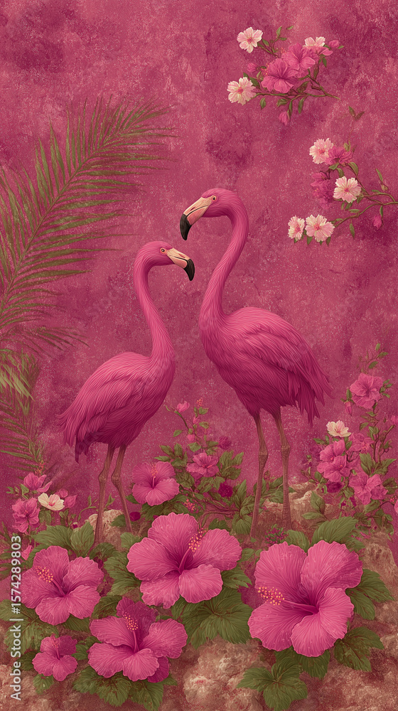 Naklejka premium Bright Pink Flamingos on Magenta Background – Exotic Bird Pop Art