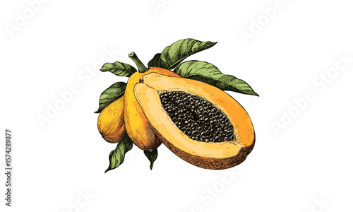Papaya drawing in vintage style, tropical fruit art, retro botanical sketch, antique fruit decor, healthy hand-drawn illustration, trendy tropical wall print, organic fruit poster