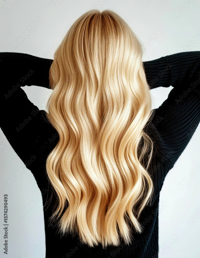 Naklejka premium Back view of a girl in a black blouse with pastel blonde medium-length hair with airy waves. Back view of a girl with her hands raised to her head with elegant loose curls blonde