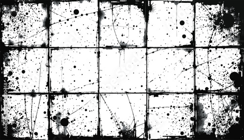  Dynamic abstract black-and-white image featuring paint splatters across a structured grid background, evoking contemporary artistic concepts and modern aesthetic appeal