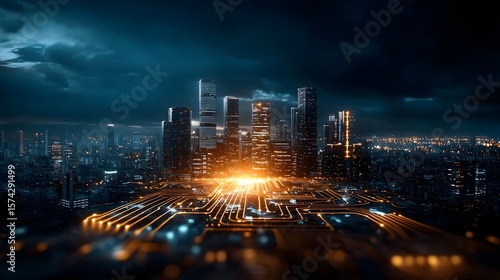 A visually striking night skyline of a modern technologically advanced city with a smart city dashboard displaying real time bridge performance analytics