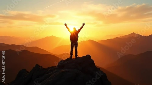 Achieve success: hiker celebrating on mountain peak at sunset, hiking and travel adventure scene