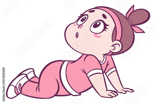 Vector cute Baby Girl cartoon character looking up with wide, innocent eyes isolated on white background