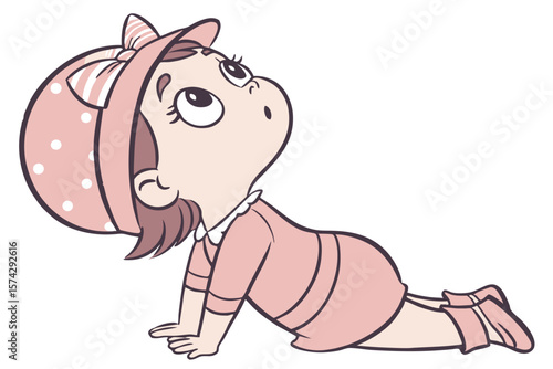 Vector cute Baby Girl cartoon character looking up with wide, innocent eyes isolated on white background