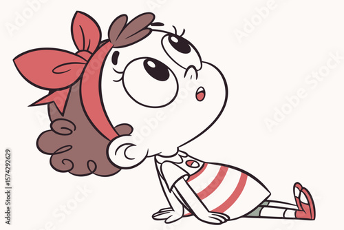 Vector cute Baby Girl cartoon character looking up with wide, innocent eyes isolated on white background