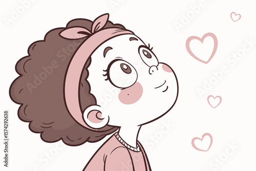 Vector cute Baby Girl cartoon character looking up with wide, innocent eyes isolated on white background