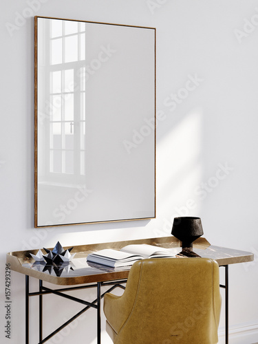 Mock up poster in working space, minimalistic design, 3d illustration.