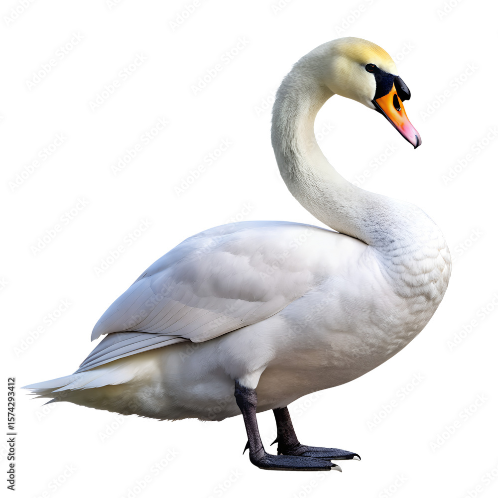 Fototapeta premium White swan standing neck straight isolated on transparent background