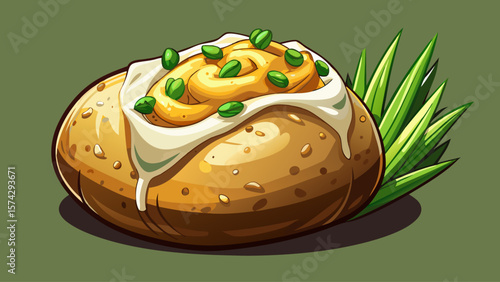 This delicious baked potato features rustic cracked skin, smooth sour cream, and vibrant green onions, all arranged with delicate shadows and texture for a semi-realistic food vector design.