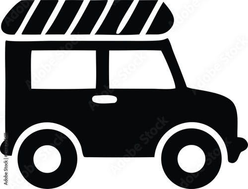 Stylized silhouette of a black camper van with a striped roof rack for outdoor adventures and travel