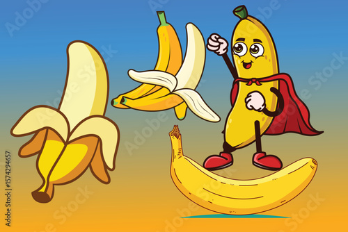 Cute Banana fruit character with Super hero costume and trying to fly. 