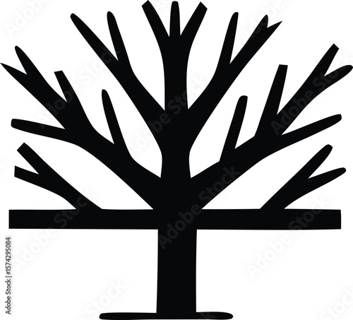 A stark black silhouette of a stylized tree with a thick trunk and branching limbs against a white background