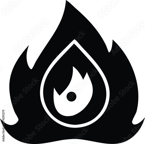 Stylized black flame icon with a white inner flame and a central dot representing heat or energy in a bold graphic design